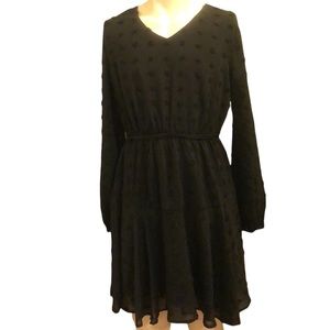 Kirundo Long Sleeve V Neck Flowy Mini Swiss Dot High Waist Chiffon Dress
